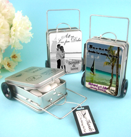 wedding favor suitcase tin box with handle and 2 wheels