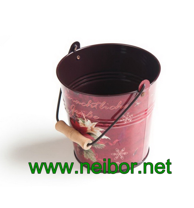 2 sides printing Christmas holiday tin bucket with wooden handle