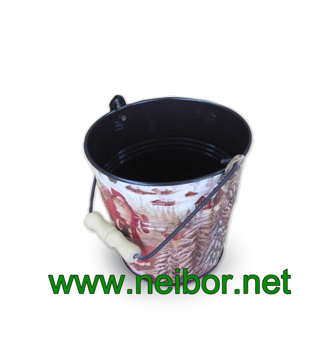 Christmas holiday gift tin bucket with wooden handle