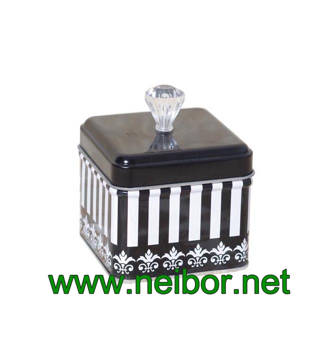 Square tea tin box with Diamond knob on lid