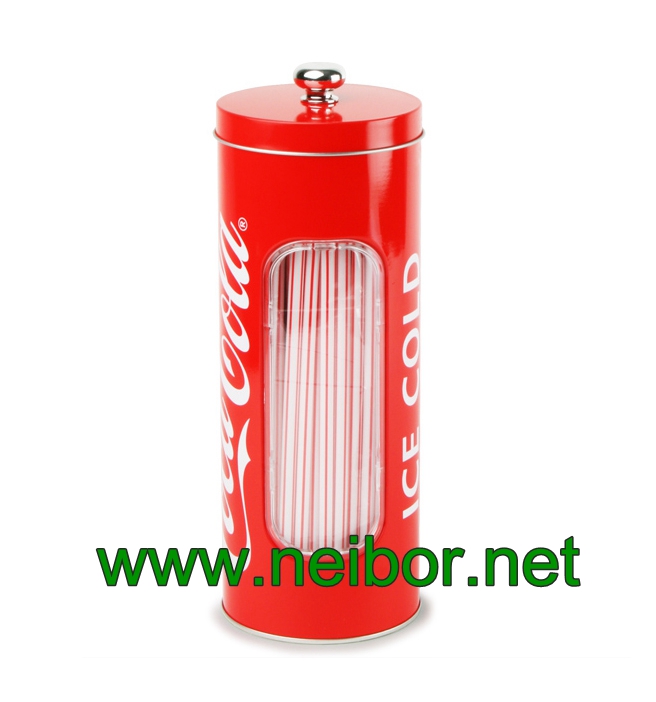 Promotional round tin straw dispenser with clear PVC window