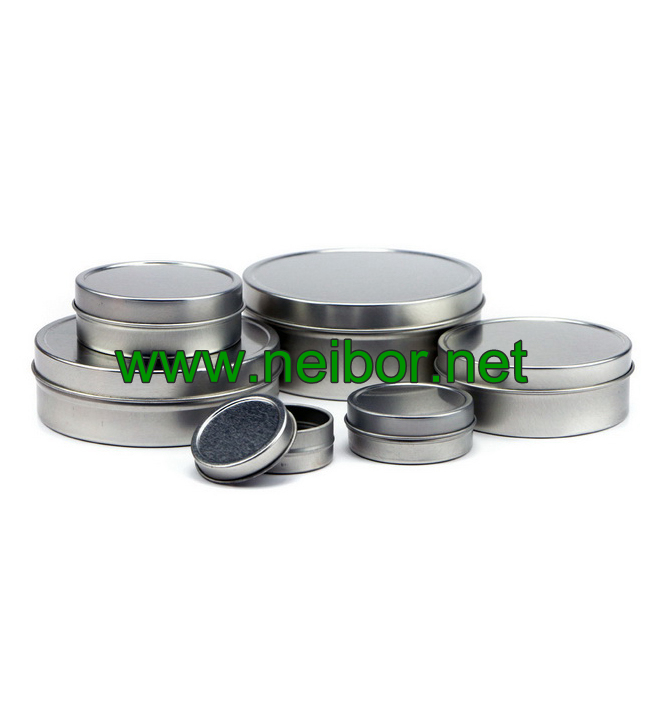 silver color round shape 2 pieces seamless shallow tin container