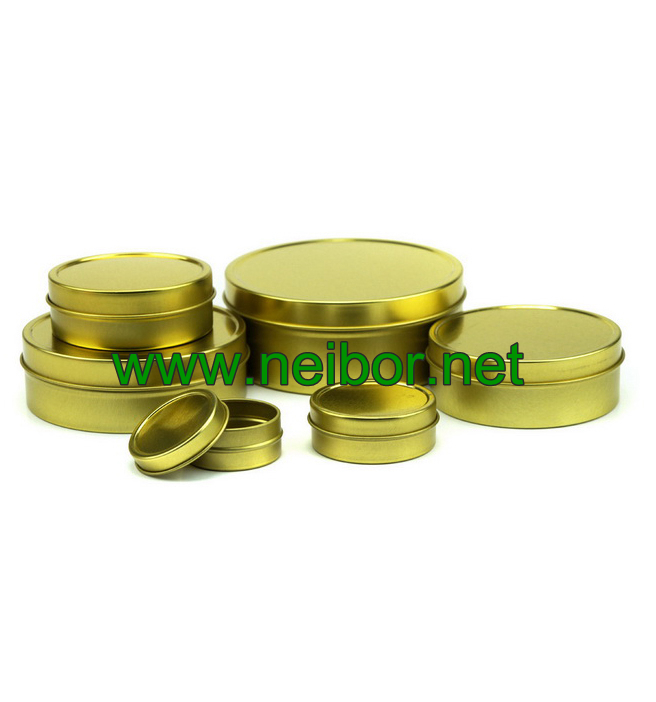 Gold color seamless round shallow tin containers set