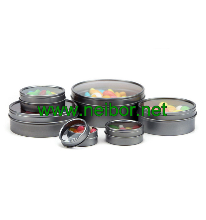 custom printing round shallow tin container with clear window for candy packaging