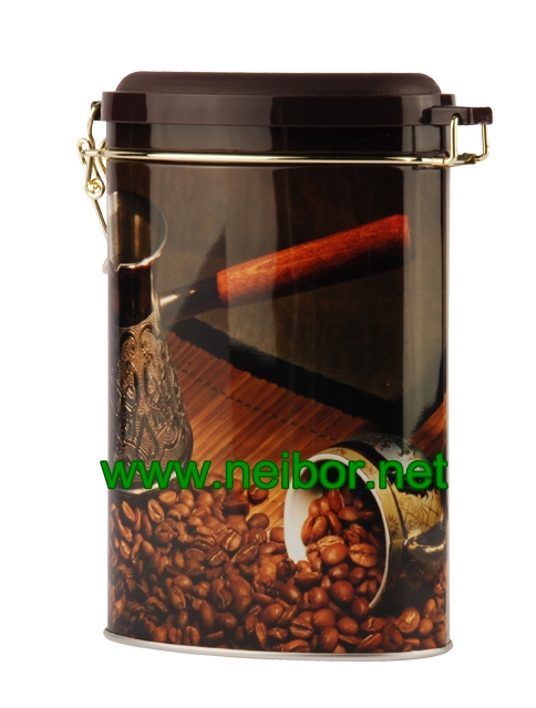 oval coffee tin box with airtight plastic lid and metal clasp