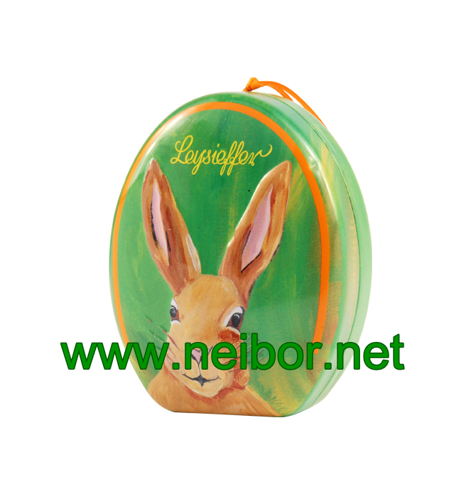 egg shape chocolate tin container with hanging ribbon for Easter holiday