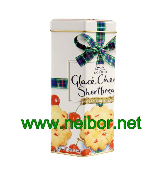 hexagonal shape tall cookie tin box with embossing