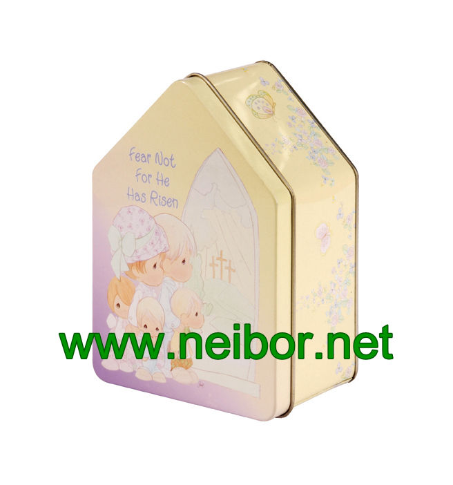 CMYK 4C offset printing house shape tin box for gift packaging
