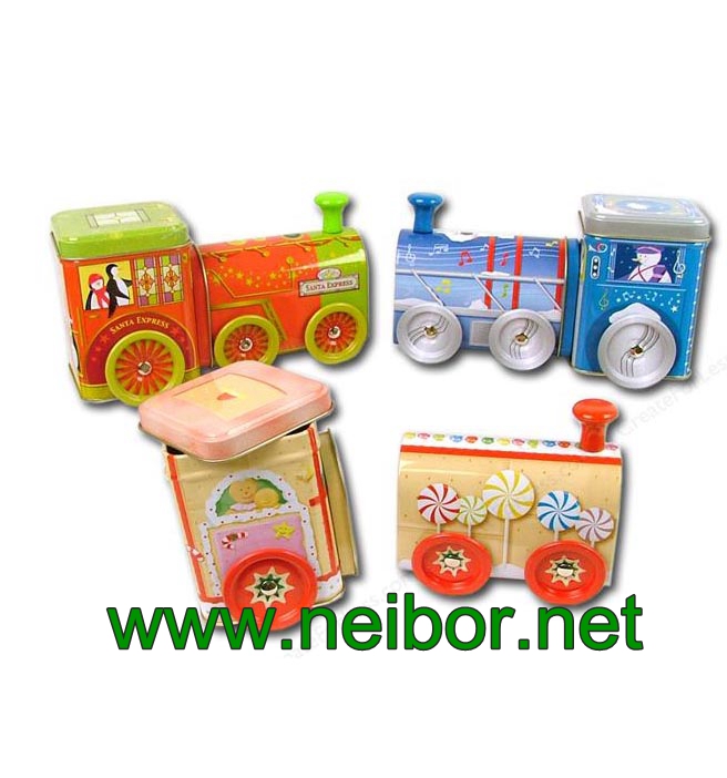unique shape tin train box with wheels for candy packaging