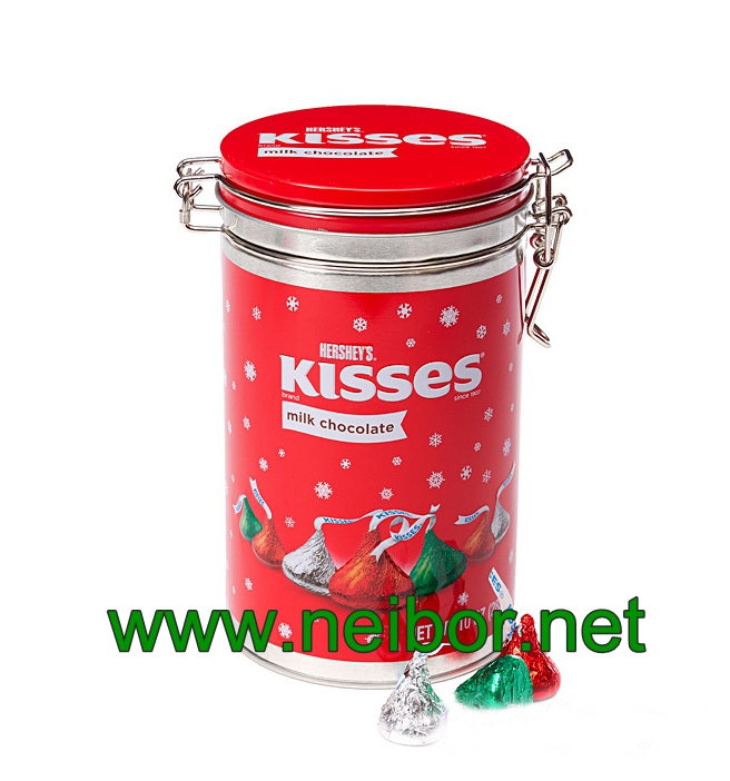 airtight round tin box with rubber seal and metal clasp for chocolate bar packaging