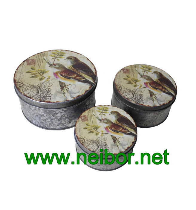 Vintage look Distressed look Antique finish round galvanized tin box set with label