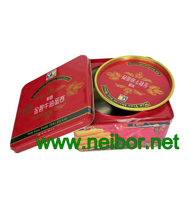 Square tin box with double lids for egg rolls packaging