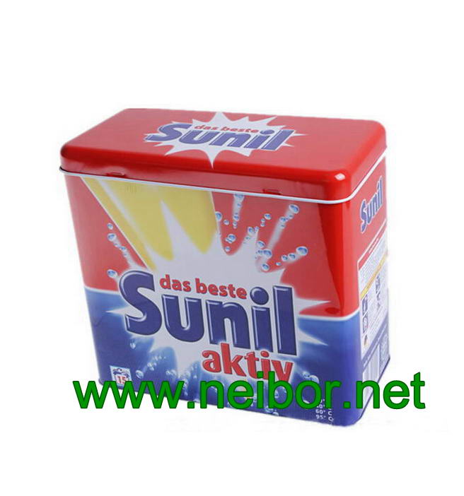 Hinged rectangular tin packaging box for detergent promotion