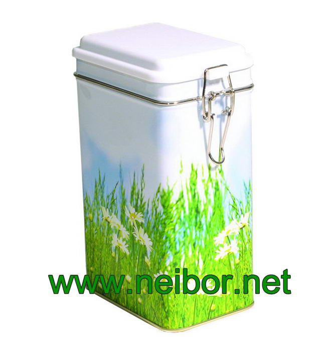 airtight coffee tin box with plastic lid and metal clasp