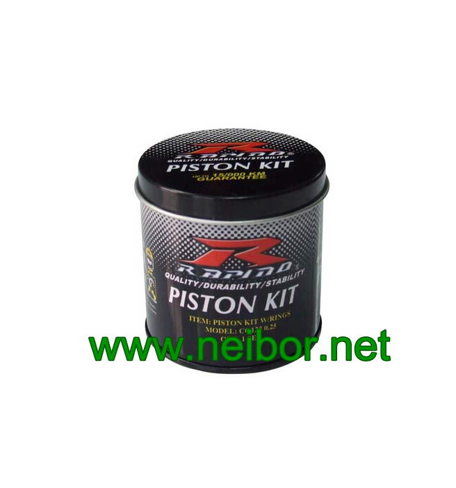 Round tin container for piston kit with ring