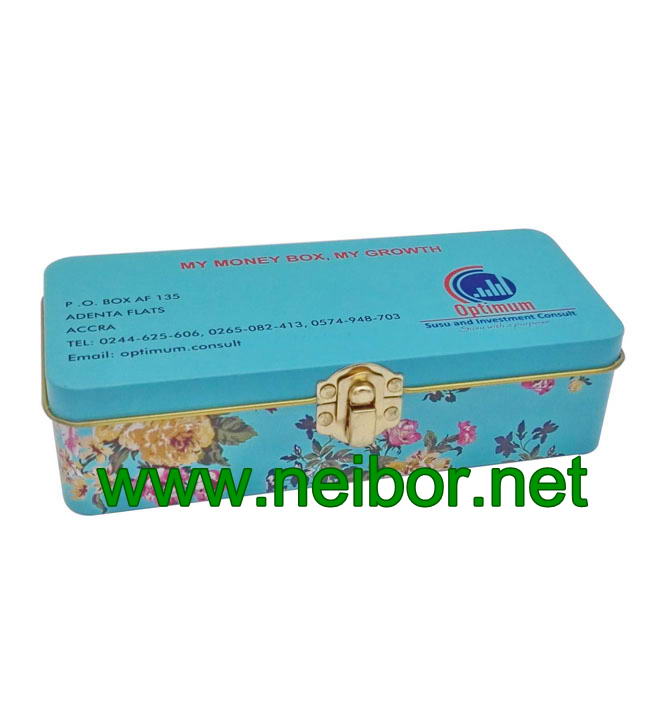 Custom order rectangular shape tin money box with metal clasp