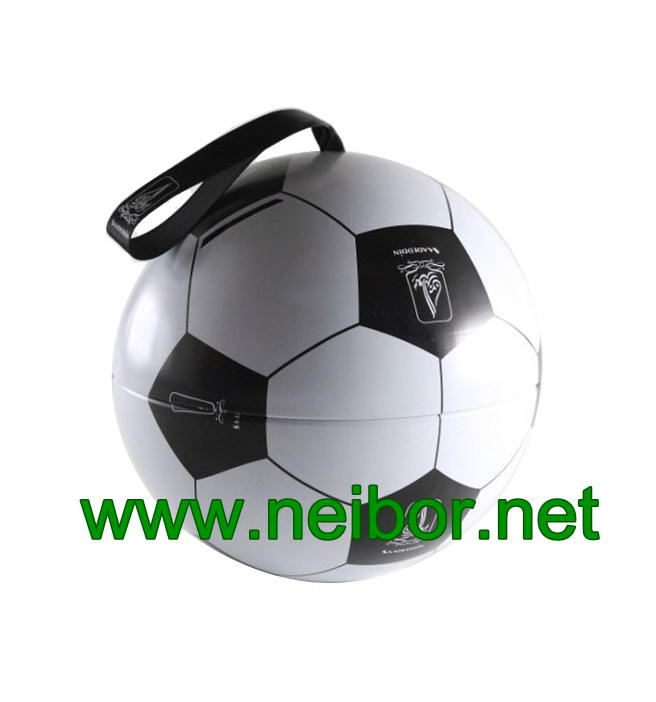 Football design tin ball tin bauble with ribbon for candy and chocolate packaging