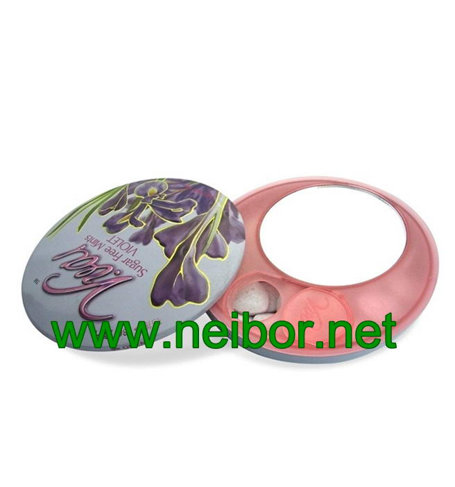 Food grade round mint tin box with plastic dispenser and mirror