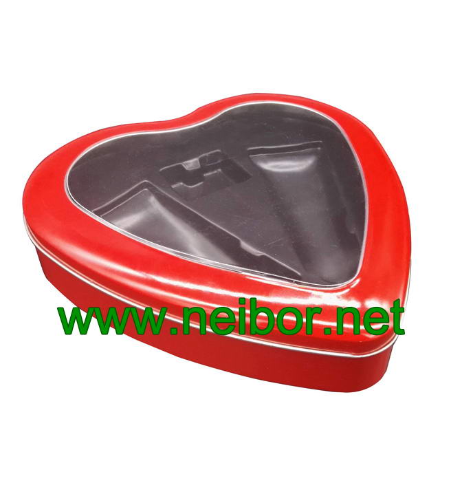 Cosmetic packaging use heart shaped gift tin box with PVC tray