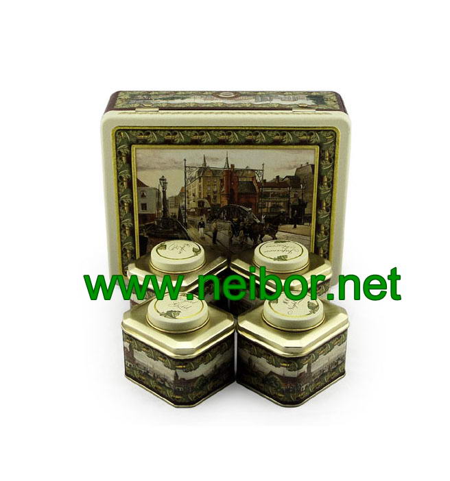 4 in 1 Tea Tin Box Set with tray and spoon