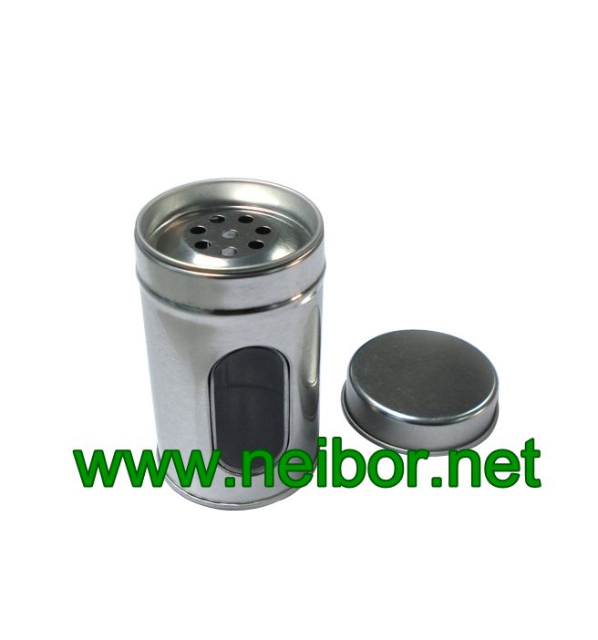 metal tin spice shaker with pouring holes and clear window