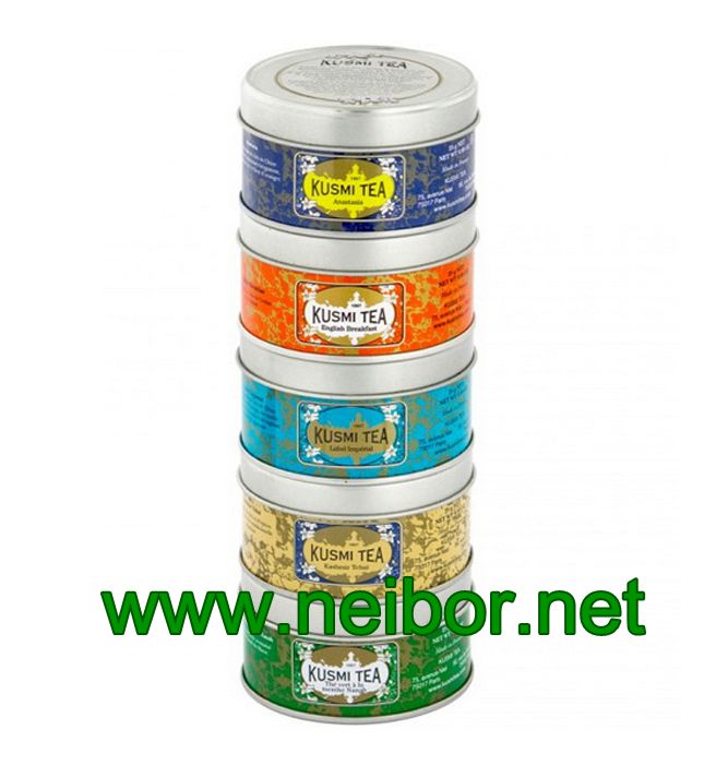 stackable round tea tin box in clear PVC display box