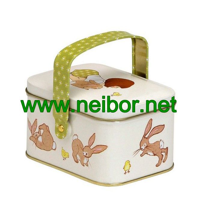 Small rectangular tin box with handle for chocolate packaigng