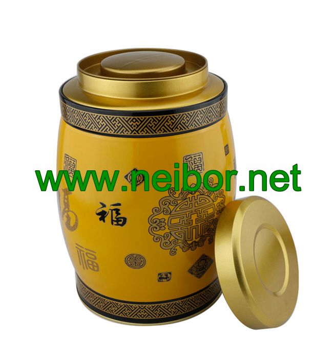 Drum shape tea tin container tea canister with double lid