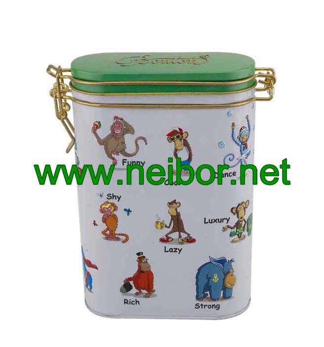 Oval shape metal tin box with metal clasp and airtight lid for tea storage