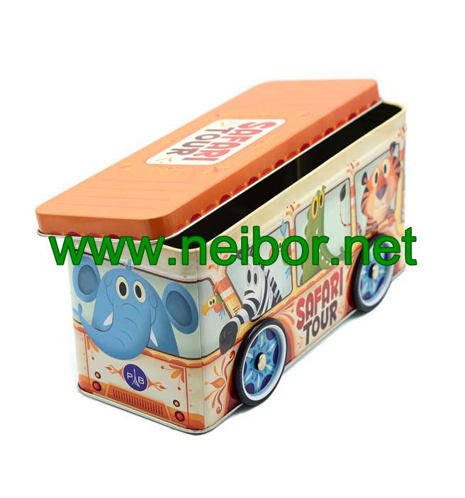 promotional tin bus box with 4 wheels for chocolate or cookie packaging