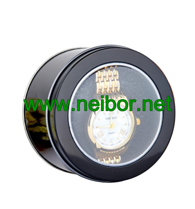 Black color round metal tin watch case watch display box with window and foam Dia90H60mm