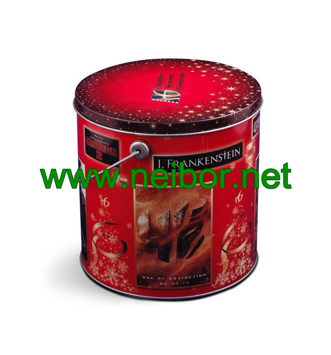 Cylindrical shape metal tin popcorn bucket with lid and handle