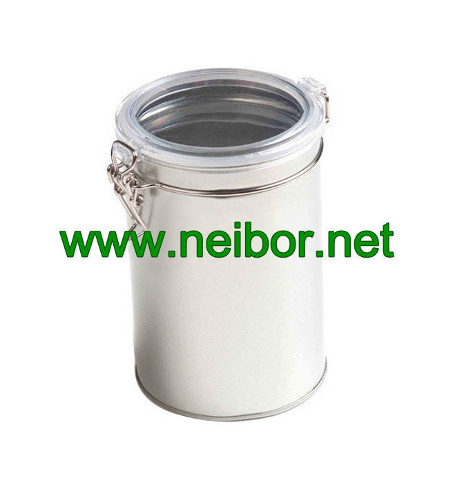 Round tin jar with clear plastic see-through lid and metal clasp