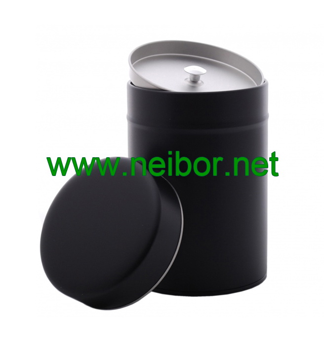 matt black round coffee tin can with airtight double lids