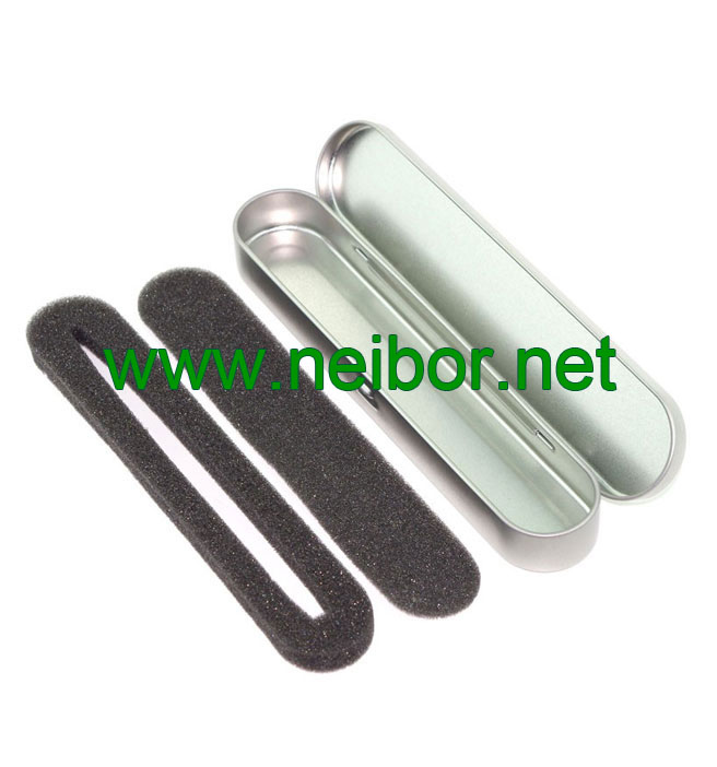 silver color oval long shape hinged lid metal tin pen box with foam