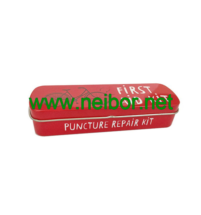 Puncture repair kit tin box with hinged lid