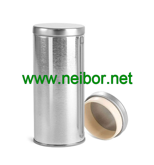 8oz silver round tea tin container metallic box  with airtight plastic seal lid