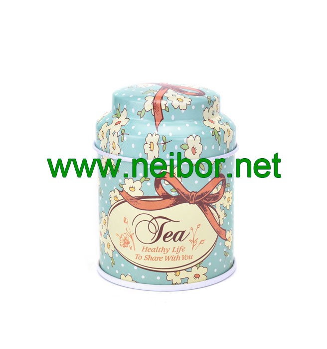 small round metal tin tea box storage can with dome lid