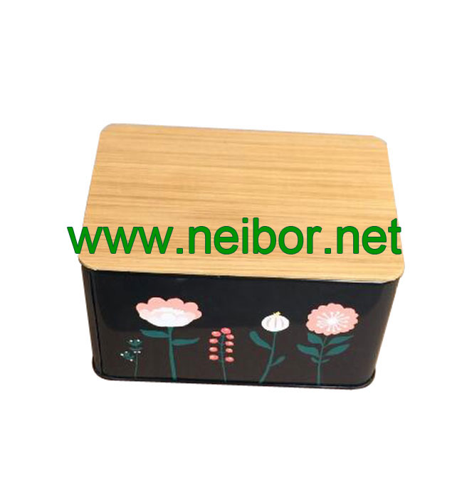 kitchen use rectangular tin box with bamboo lid board