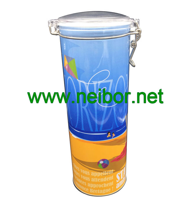 round tall cookie tin box with latch and clear plastic lid