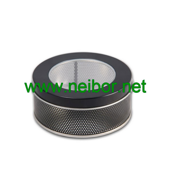round metal tin watch case watch box with perforated body and clear window
