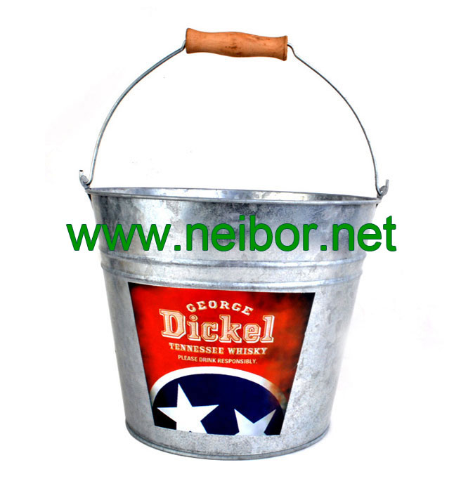 5QT Galvanized steel zinc finish ice bucket beer cooler with wooden grip and custom label