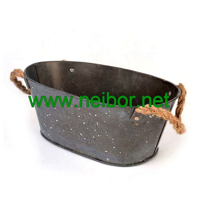 antique finish metal oval bucket galvanized tub with rope handle