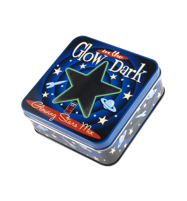 square tin box with star shape window