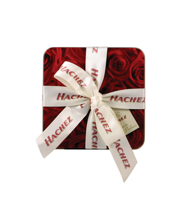 chocolate tin box with ribbon