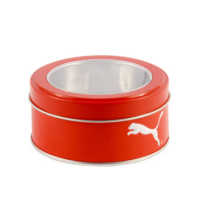 round tin box with clear window