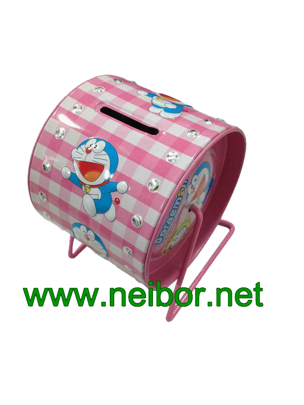 CMYK 4C printing round tin money box with stand