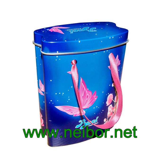 Hand bag shape gift tin box with ribbon handle