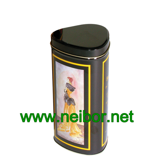 Irregular shape triangle shape coffee tin box with rounded corner