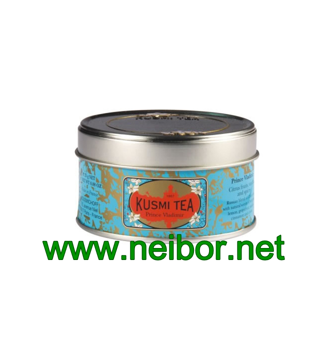 Round KUSMI tea tin box in PVC box